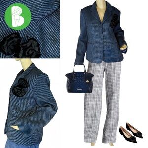VINTAGE Y2K SAG HARBOR BLUE & BLACK HERRINGBONE BLAZER W/VELOUR FLORAL PINS (14)
